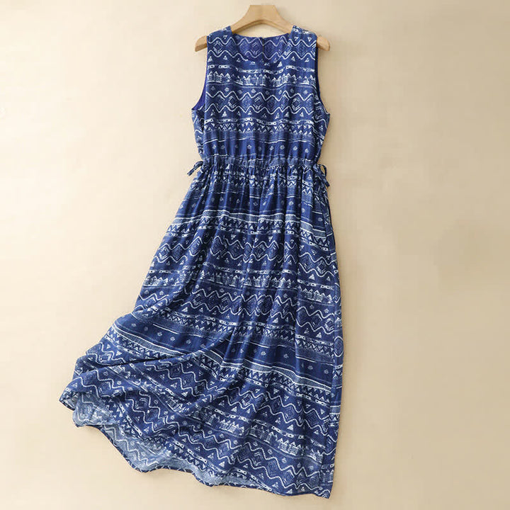 Buddha Stones Sommerliches, lässiges Boho-Kleid in Blau mit wellenförmigem, geometrischem Muster, ärmellos und mit Tasche - Dunkelblau - US12, UK/AU16, EU44 (2XL) - image 0