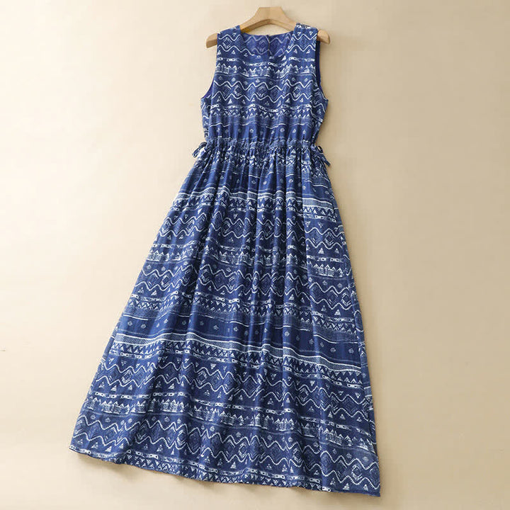 Buddha Stones Sommerliches, lässiges Boho-Kleid in Blau mit wellenförmigem, geometrischem Muster, ärmellos und mit Tasche - image 2