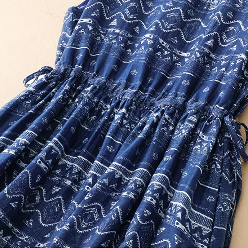 Buddha Stones Sommerliches, lässiges Boho-Kleid in Blau mit wellenförmigem, geometrischem Muster, ärmellos und mit Tasche - image 5