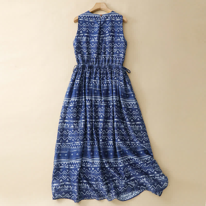 Buddha Stones Sommerliches, lässiges Boho-Kleid in Blau mit wellenförmigem, geometrischem Muster, ärmellos und mit Tasche - image 1