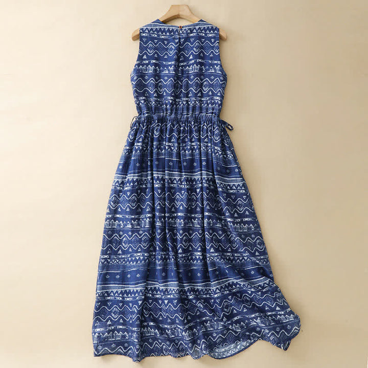 Buddha Stones Sommerliches, lässiges Boho-Kleid in Blau mit wellenförmigem, geometrischem Muster, ärmellos und mit Tasche - image 1
