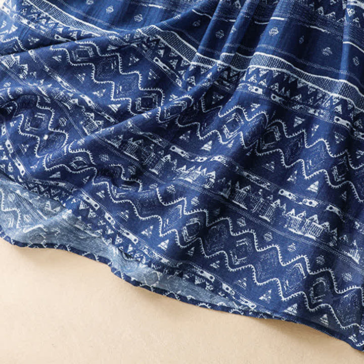 Buddha Stones Sommerliches, lässiges Boho-Kleid in Blau mit wellenförmigem, geometrischem Muster, ärmellos und mit Tasche - image 8