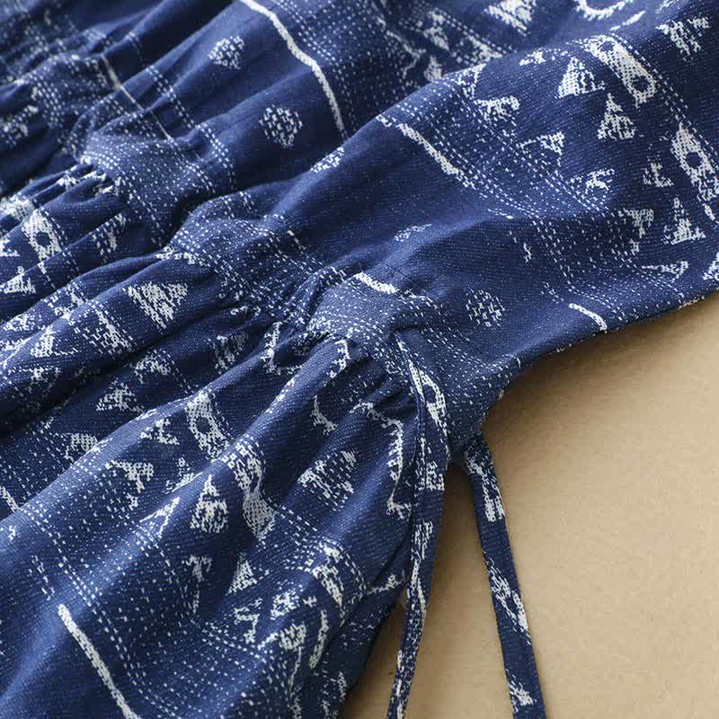 Buddha Stones Sommerliches, lässiges Boho-Kleid in Blau mit wellenförmigem, geometrischem Muster, ärmellos und mit Tasche - image 6