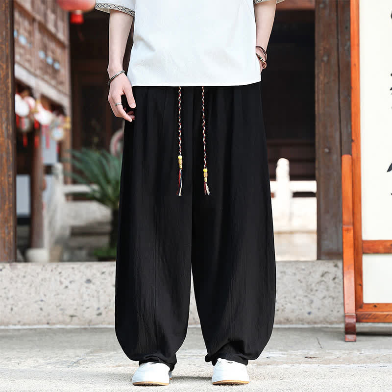 Buddha Stones Lässige, minimalistische Sommerhose mit Kordelzug, einfarbig, knöchelhoch, gerades Bein, mit Taschen - Schwarz - US/UK/AU46, EU56 (5XL) - image 5
