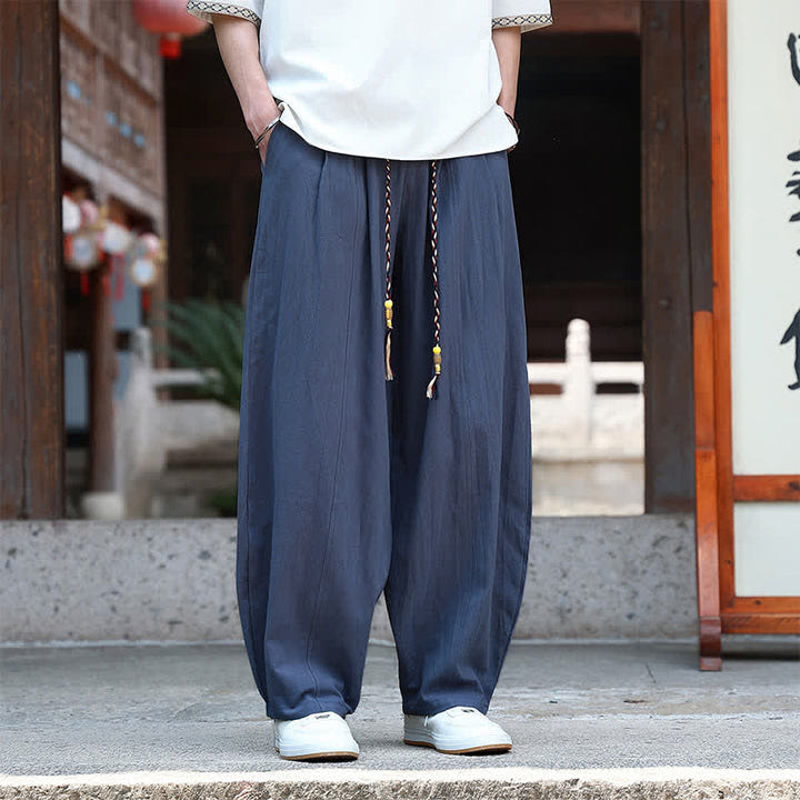 Buddha Stones Lässige, minimalistische Sommerhose mit Kordelzug, einfarbig, knöchelhoch, gerades Bein, mit Taschen - Mitternachtsblau - US/UK/AU46, EU56 (5XL) - image 10
