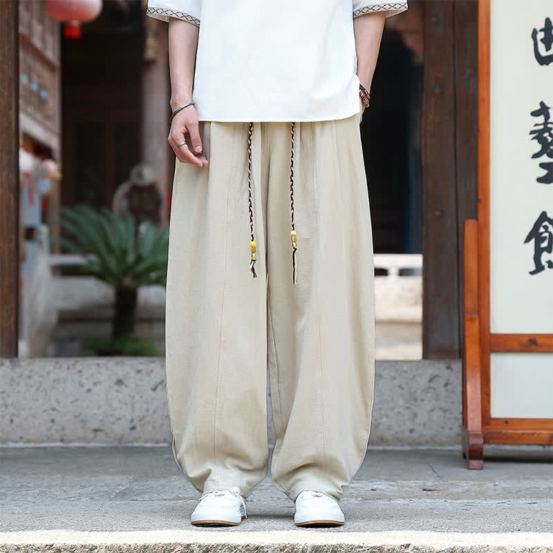 Buddha Stones Lässige, minimalistische Sommerhose mit Kordelzug, einfarbig, knöchelhoch, gerades Bein, mit Taschen - Beige - US/UK/AU46, EU56 (5XL) - image 0