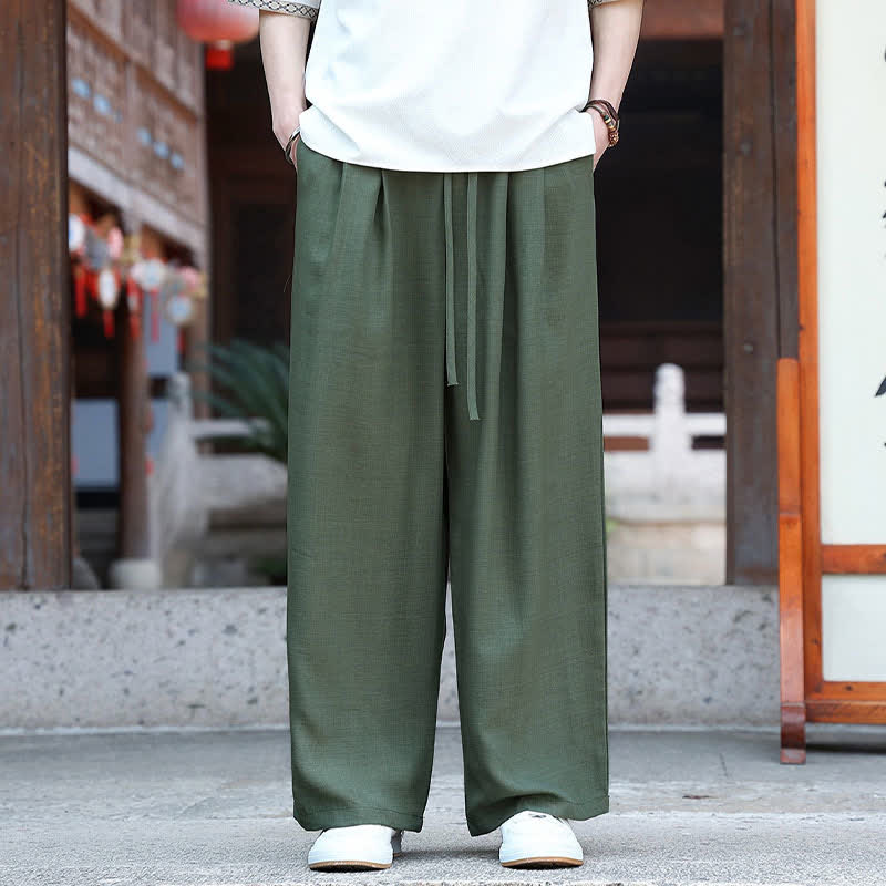 Buddha Stones Lässige, minimalistische Sommerhose mit Kordelzug und elastischem Bund, geradem Bein und Tasche - Dunkelolivgrün - US/UK/AU46, EU56 (5XL) - image 11