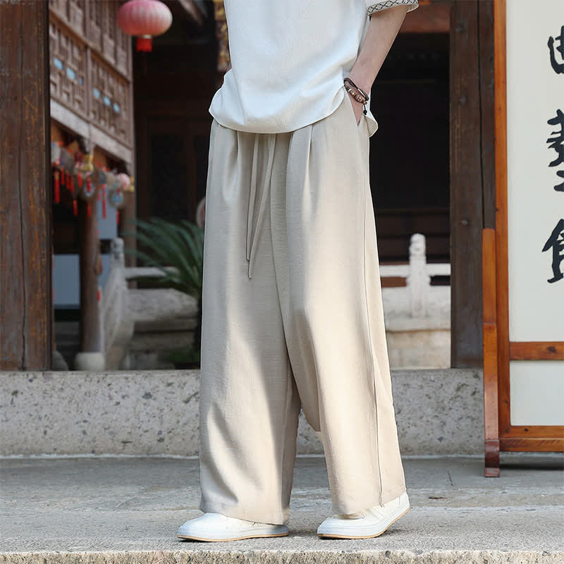 Buddha Stones Lässige, minimalistische Sommerhose mit Kordelzug und elastischem Bund, geradem Bein und Tasche - Beige - US/UK/AU46, EU56 (5XL) - image 0