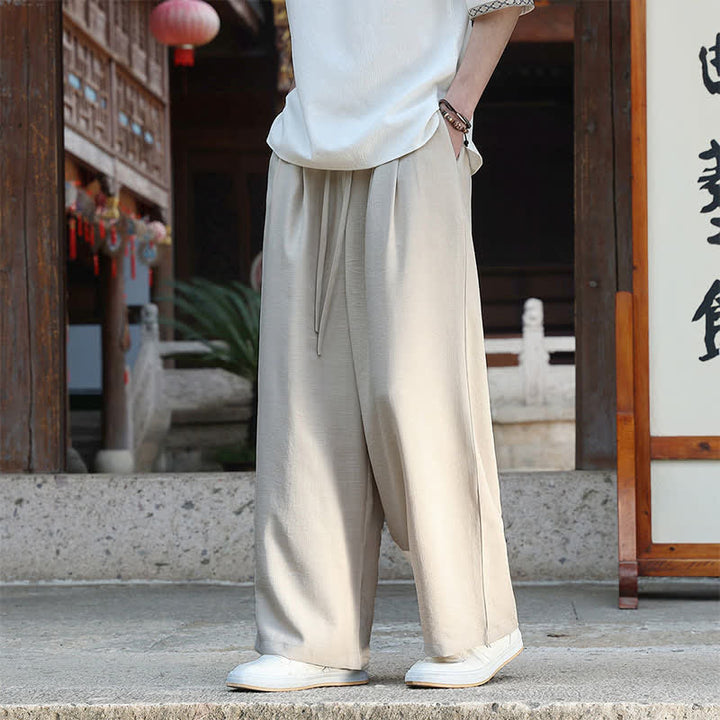 Buddha Stones Lässige, minimalistische Sommerhose mit Kordelzug und elastischem Bund, geradem Bein und Tasche - Beige - US/UK/AU46, EU56 (5XL) - image 0