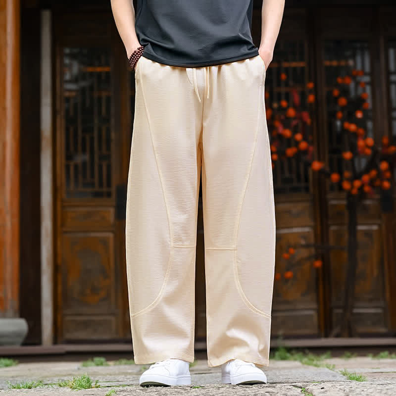 Buddha Stones Lässige, minimalistische Sommerhose mit Kordelzug, geradem Bein und Tasche - Maisfäden - US/UK/AU46, EU56 (5XL) - image 0