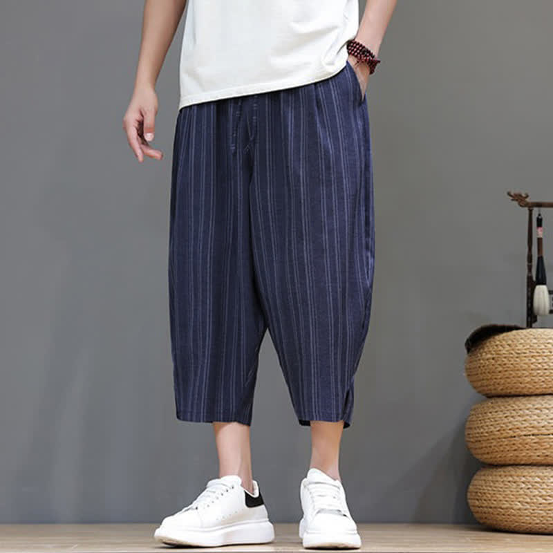 Buddha Stones Lässige Caprihose mit Kordelzug und Streifenmuster für Herren, Haremshose mit Tasche - image 20
