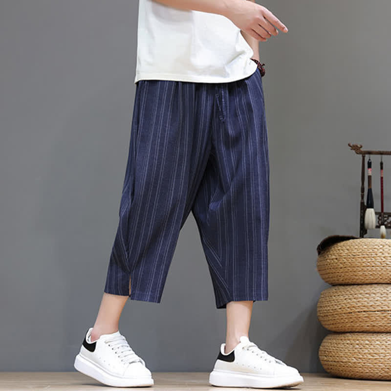 Buddha Stones Lässige Caprihose mit Kordelzug und Streifenmuster für Herren, Haremshose mit Tasche - image 19