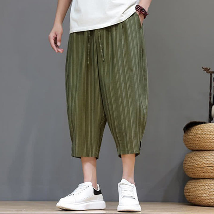 Buddha Stones Lässige Caprihose mit Kordelzug und Streifenmuster für Herren, Haremshose mit Tasche - image 31