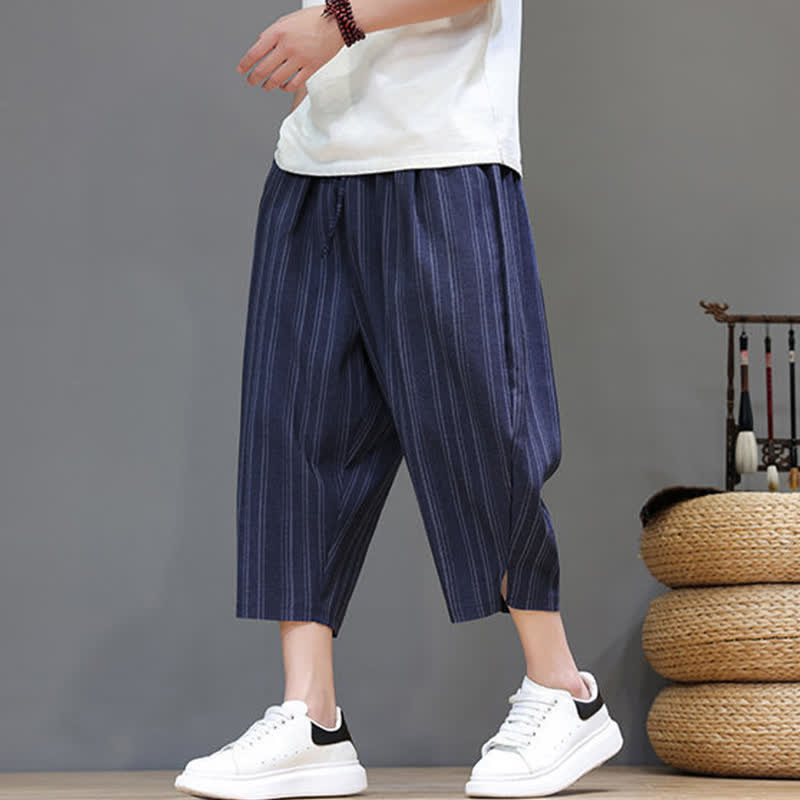Buddha Stones Lässige Caprihose mit Kordelzug und Streifenmuster für Herren, Haremshose mit Tasche - image 24
