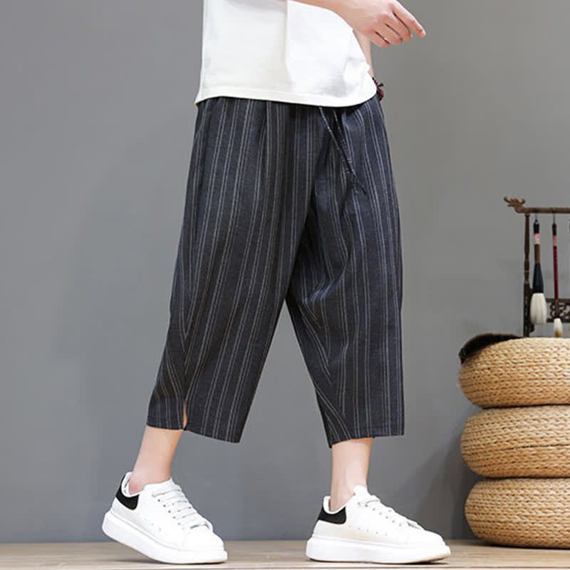 Buddha Stones Lässige Caprihose mit Kordelzug und Streifenmuster für Herren, Haremshose mit Tasche - image 14