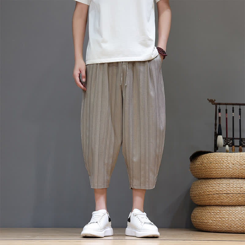 Buddha Stones Lässige Caprihose mit Kordelzug und Streifenmuster für Herren, Haremshose mit Tasche - image 1