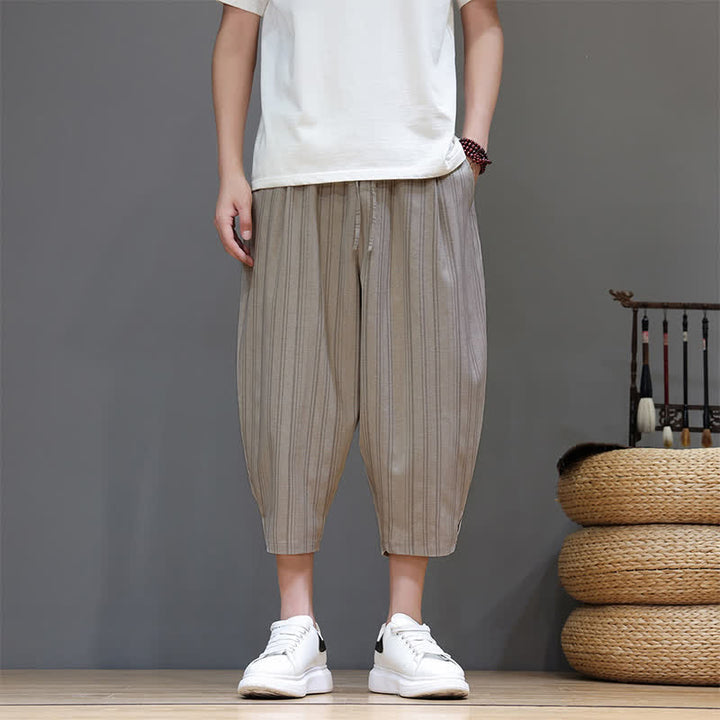 Buddha Stones Lässige Caprihose mit Kordelzug und Streifenmuster für Herren, Haremshose mit Tasche - image 1