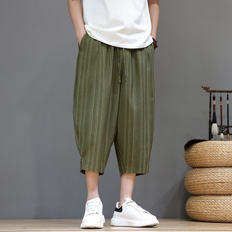 Buddha Stones Lässige Caprihose mit Kordelzug und Streifenmuster für Herren, Haremshose mit Tasche - image 32