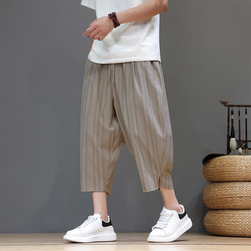 Buddha Stones Lässige Caprihose mit Kordelzug und Streifenmuster für Herren, Haremshose mit Tasche - Bräunen - US/UK/AU46, EU56 (5XL) - image 0