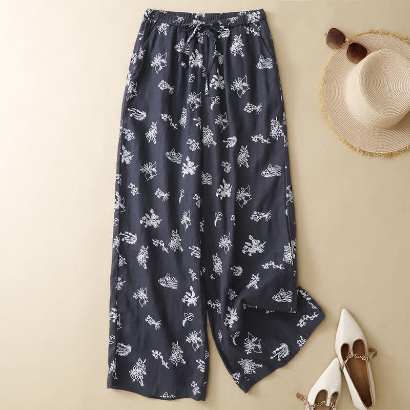 Buddha Stones Lässige Vintage-Sommerhose mit Blumenmuster, Kordelzug, weites Bein und Tasche - Sattelbraun - US8-10, UK/AU12-14, EU40-42 (2XL) - image 0