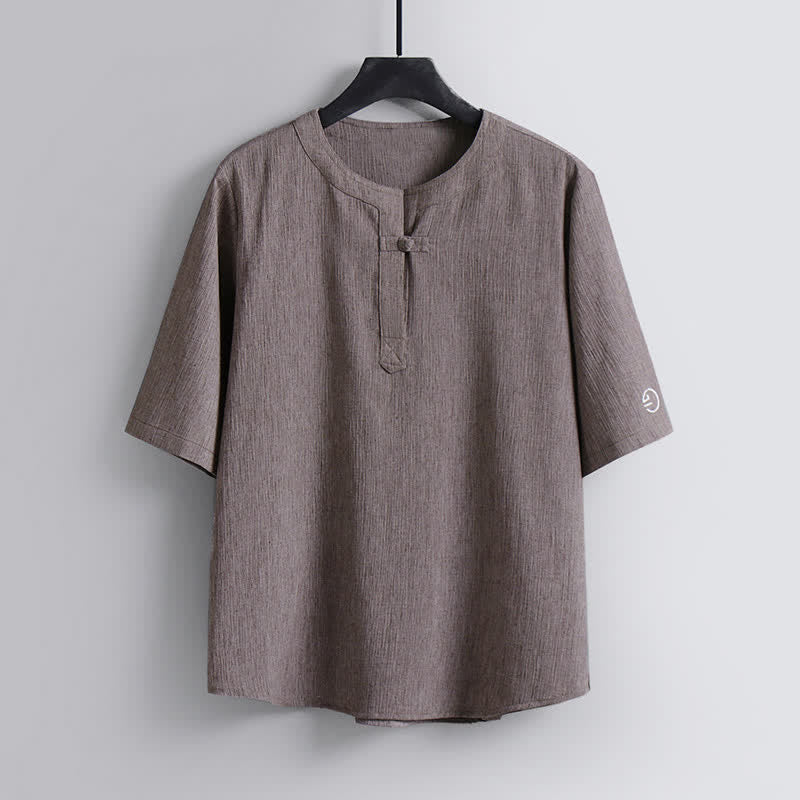 Buddha Stones Sommerliches Tang Style Casual Pankou Rundhals-Kurzarmhemd für Herren - Bräunen - US/ UK/AU54, EU64 (9XL) - image 0