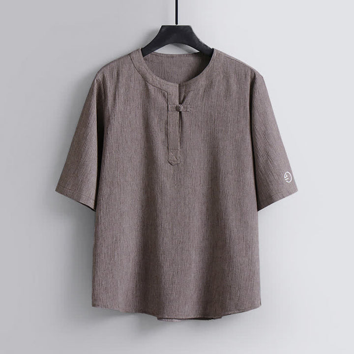 Buddha Stones Sommerliches Tang Style Casual Pankou Rundhals-Kurzarmhemd für Herren - Bräunen - US/ UK/AU54, EU64 (9XL) - image 0