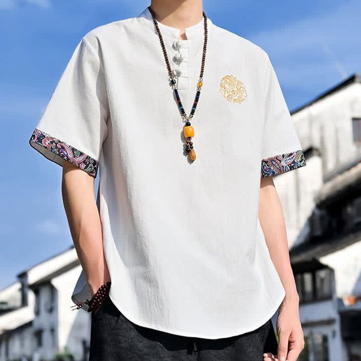 Buddha Stones Sommerliches Kurzarmhemd im Tang-Stil mit Froschknopfstickerei für Herren - image 32