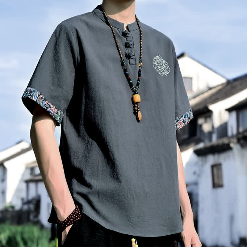 Buddha Stones Sommerliches Kurzarmhemd im Tang-Stil mit Froschknopfstickerei für Herren - image 2