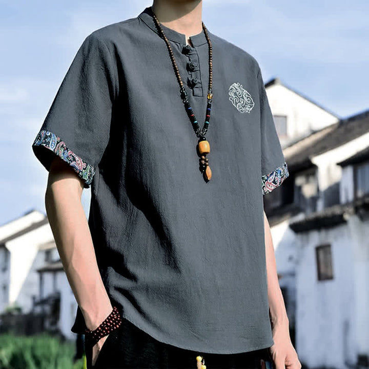 Buddha Stones Sommerliches Kurzarmhemd im Tang-Stil mit Froschknopfstickerei für Herren - image 2