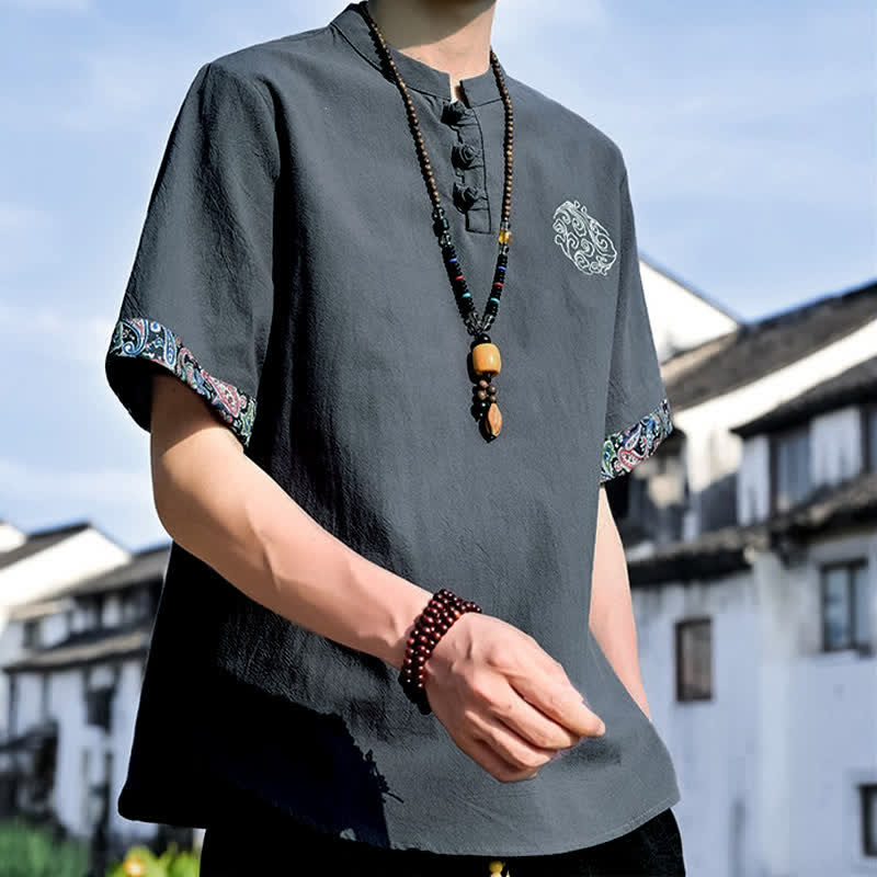 Buddha Stones Sommerliches Kurzarmhemd im Tang-Stil mit Froschknopfstickerei für Herren - image 6