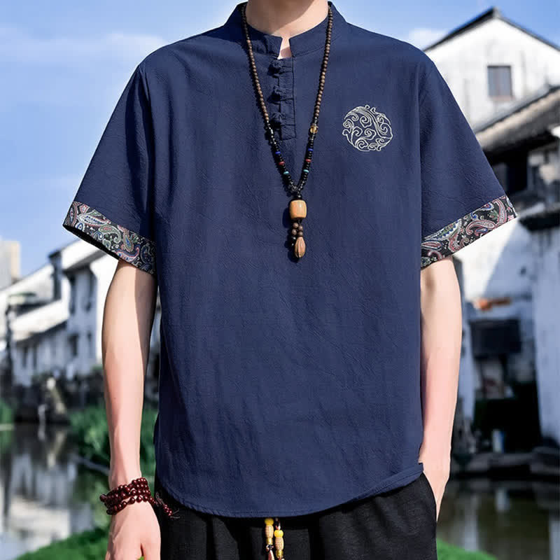 Buddha Stones Sommerliches Kurzarmhemd im Tang-Stil mit Froschknopfstickerei für Herren - Dunkelblau - US/UK/AU46, EU56 (5XL) - image 13