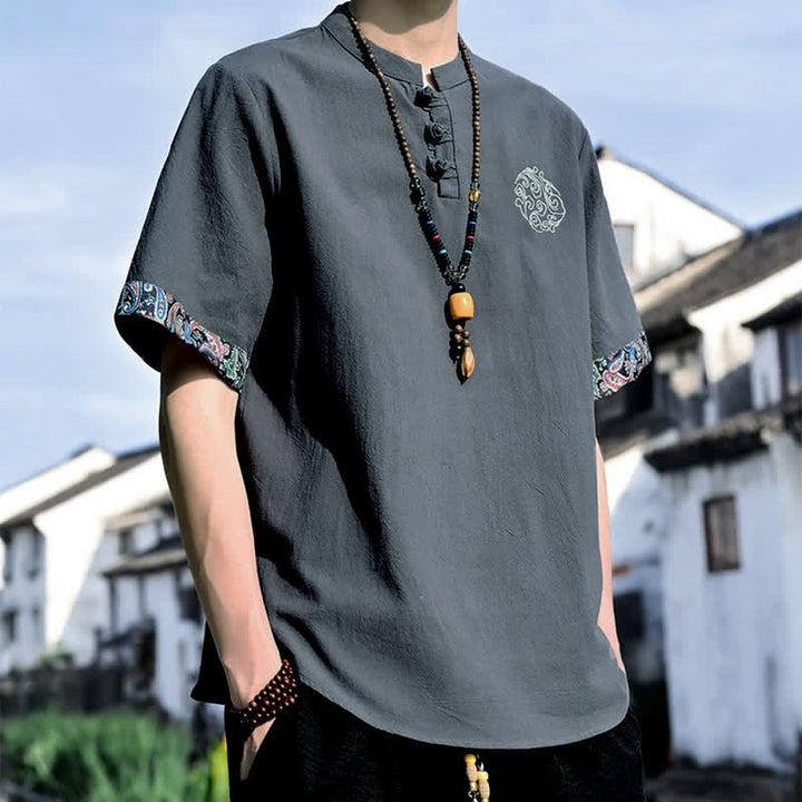 Buddha Stones Sommerliches Kurzarmhemd im Tang-Stil mit Froschknopfstickerei für Herren - image 5