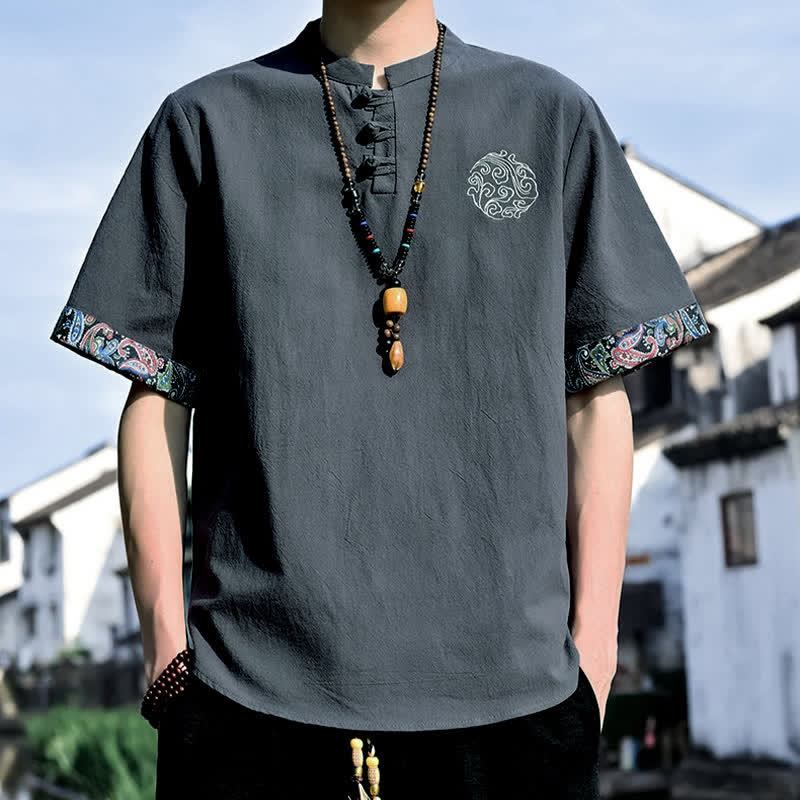 Buddha Stones Sommerliches Kurzarmhemd im Tang-Stil mit Froschknopfstickerei für Herren - DimGray - US/UK/AU46, EU56 (5XL) - image 1