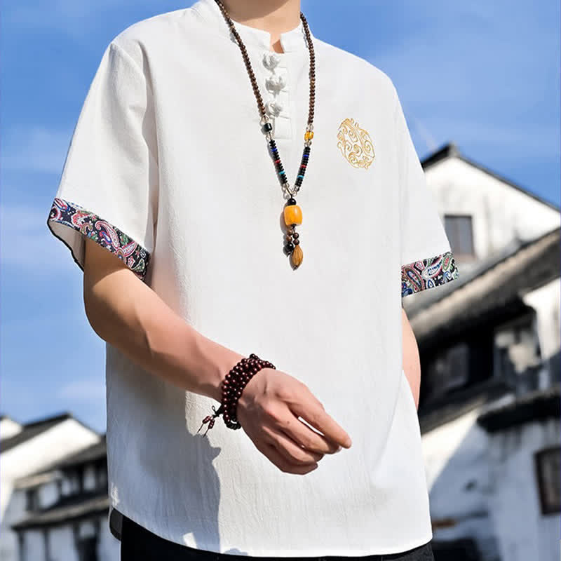 Buddha Stones Sommerliches Kurzarmhemd im Tang-Stil mit Froschknopfstickerei für Herren - image 31