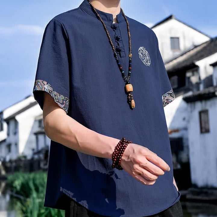 Buddha Stones Sommerliches Kurzarmhemd im Tang-Stil mit Froschknopfstickerei für Herren - image 18