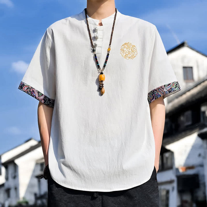 Buddha Stones Sommerliches Kurzarmhemd im Tang-Stil mit Froschknopfstickerei für Herren - image 33