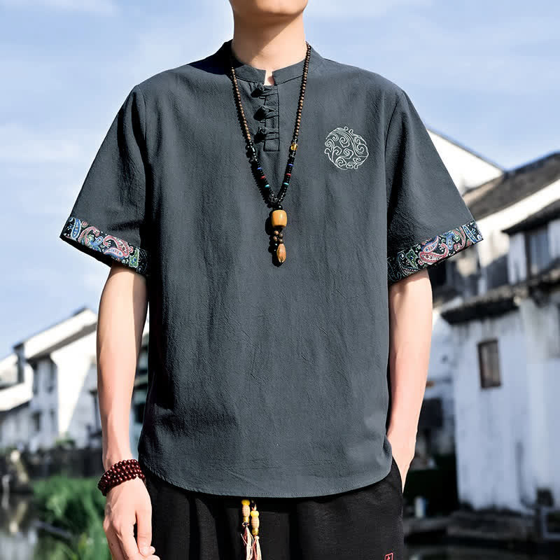 Buddha Stones Sommerliches Kurzarmhemd im Tang-Stil mit Froschknopfstickerei für Herren - Schwarz - US/UK/AU46, EU56 (5XL) - image 0