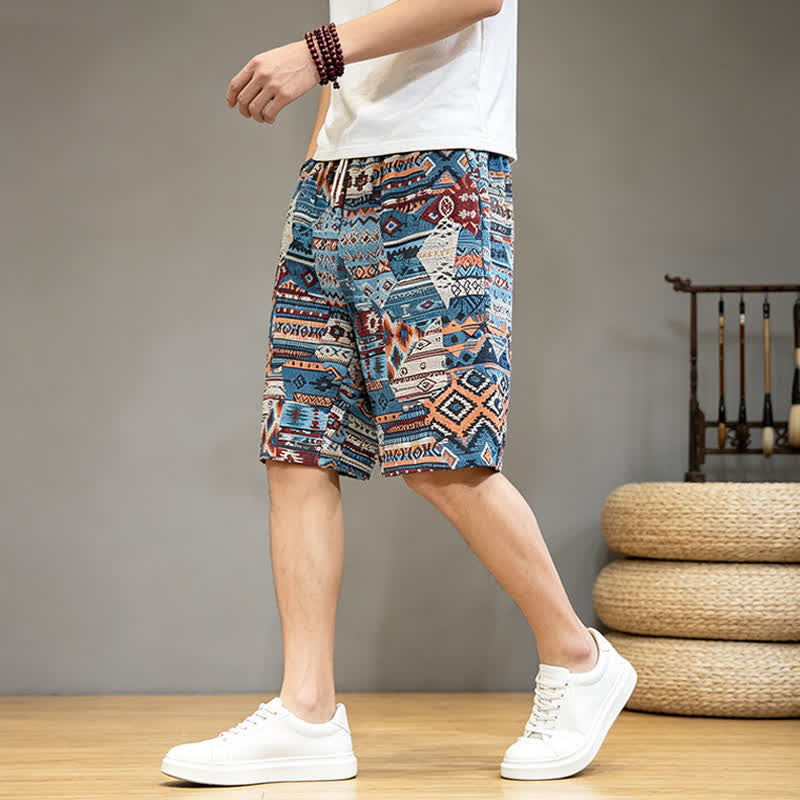 Buddha Stones Sommer-Freizeit-Boho-Shorts für Herren mit Kordelzug, geometrischem Muster und Taschen - image 1