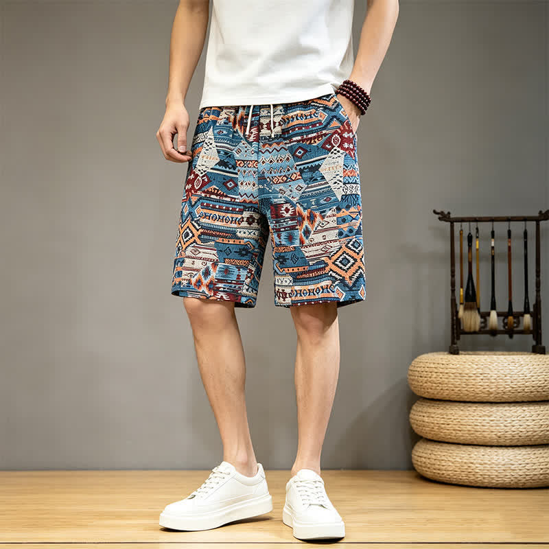 Buddha Stones Sommer-Freizeit-Boho-Shorts für Herren mit Kordelzug, geometrischem Muster und Taschen - image 3