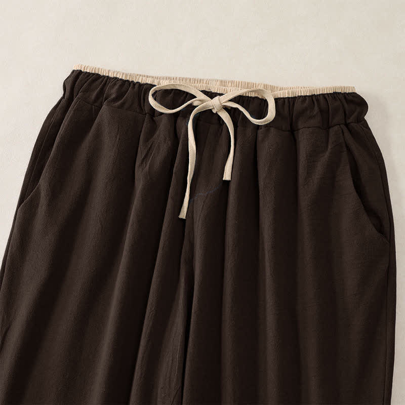Buddha Stones Damenhose aus Baumwoll-Leinen-Mischgewebe mit minimalistischem Kontrastbesatz, elastischem Bund und Taschen - image 13