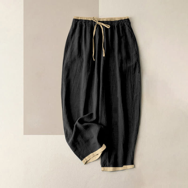 Buddha Stones Damenhose aus Baumwoll-Leinen-Mischgewebe mit minimalistischem Kontrastbesatz, elastischem Bund und Taschen - Schwarz - US16, UK/AU20, EU48 (3XL) - image 6