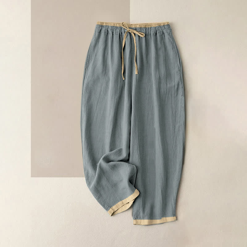 Buddha Stones Damenhose aus Baumwoll-Leinen-Mischgewebe mit minimalistischem Kontrastbesatz, elastischem Bund und Taschen - Hellstahlblau - US16, UK/AU20, EU48 (3XL) - image 0