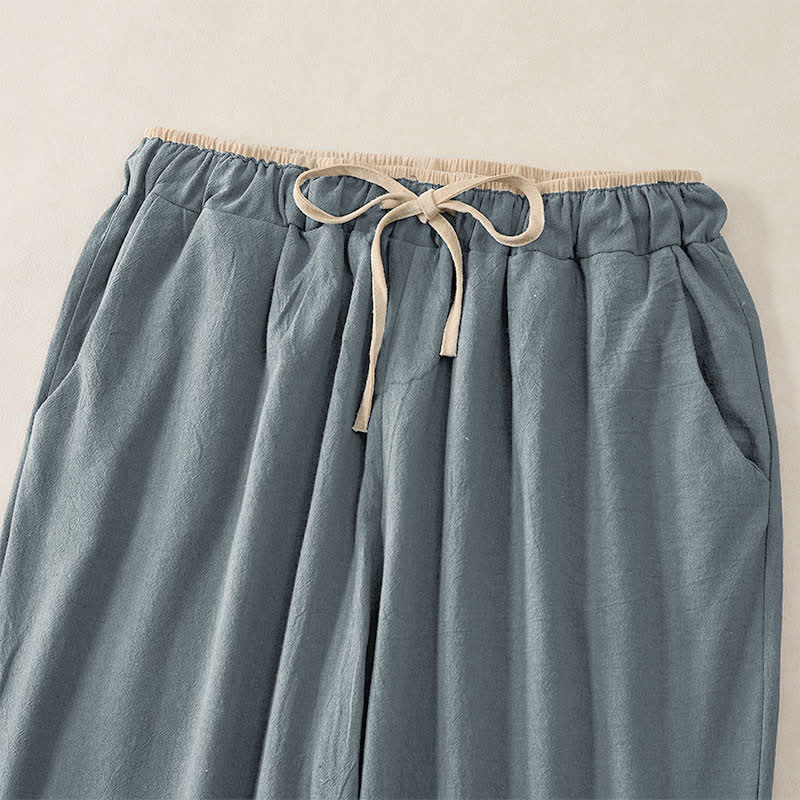 Buddha Stones Damenhose aus Baumwoll-Leinen-Mischgewebe mit minimalistischem Kontrastbesatz, elastischem Bund und Taschen - image 1