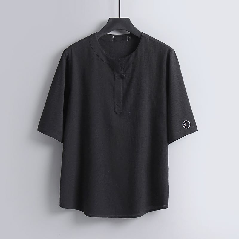 Buddha Stones Sommerliches Tang Style Casual Pankou Rundhals-Kurzarmhemd für Herren - Schwarz - US/ UK/AU54, EU64 (9XL) - image 11