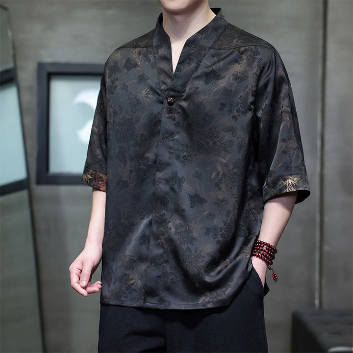 Buddha Stones Frühling/Sommer Tang Style Casual Herren Kurzarmhemden mit Stehkragen und Bambus-Schmetterling, Modell mit kurzem Ärmel - Sienna - US/ UK/AU46, EU56 (5XL) - image 0