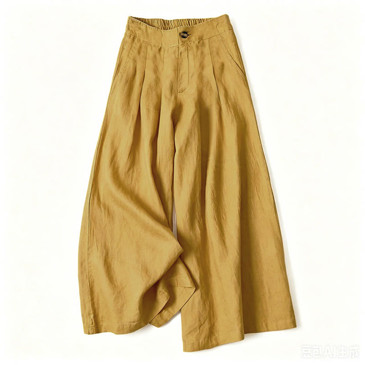 Buddha Stones Elegante, lange Sommerhose aus Baumwoll-Leinen-Mischgewebe mit elastischem Bund, Knopf- und Reißverschluss, weitem Bein und Taschen. - Gelb - US16, UK/AU20, EU48 (3XL) - image 9