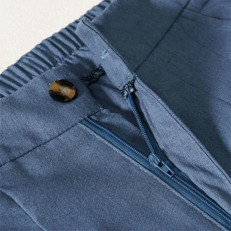 Buddha Stones Elegante, lange Sommerhose aus Baumwoll-Leinen-Mischgewebe mit elastischem Bund, Knopf- und Reißverschluss, weitem Bein und Taschen. - image 3