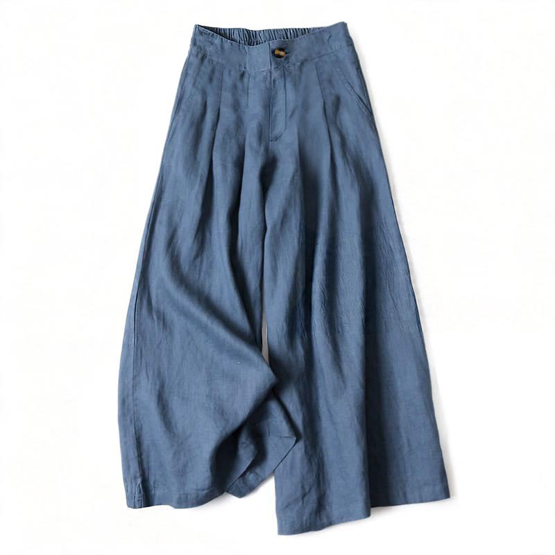 Buddha Stones Elegante, lange Sommerhose aus Baumwoll-Leinen-Mischgewebe mit elastischem Bund, Knopf- und Reißverschluss, weitem Bein und Taschen. - SteelBlue - US16, UK/AU20, EU48 (3XL) - image 0