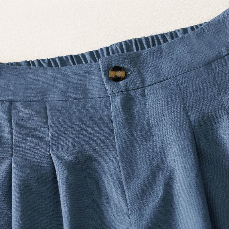 Buddha Stones Elegante, lange Sommerhose aus Baumwoll-Leinen-Mischgewebe mit elastischem Bund, Knopf- und Reißverschluss, weitem Bein und Taschen. - image 5