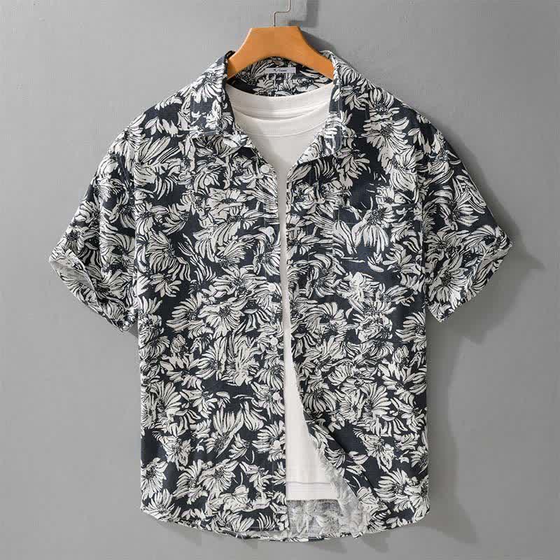 Buddha Stones Lässiges Sommerhemd mit Knopfleiste, Sonnenblumenmuster, kurzen Ärmeln und aufgesetzter Tasche für Herren. - SteelBlue - US/ UK/AU44, EU54 (3XL) - image 0